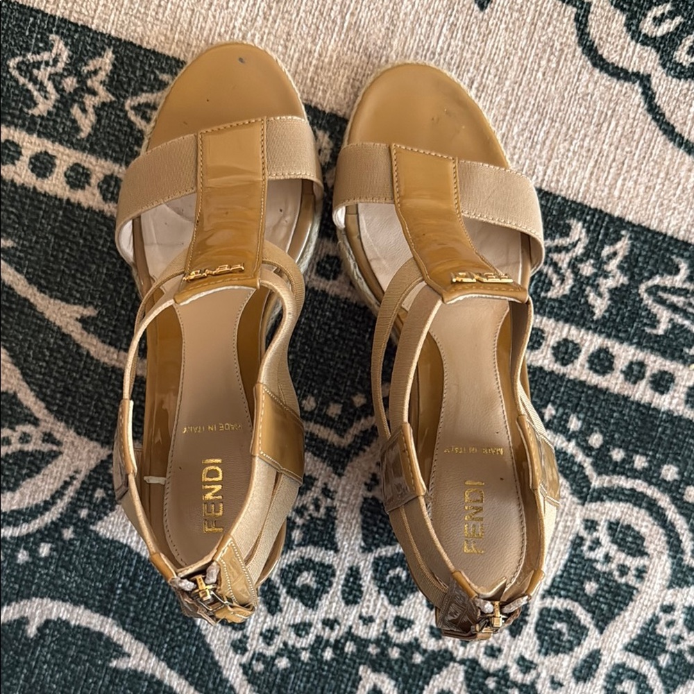 Fendi Women's Tan Wedge Sandals (Zeppa Vernice + Elastico) - Picture 6 of 6